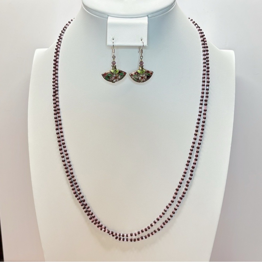 EUC Handmade Native American Beaded Necklace & Cloisonné Fan Earrings Set